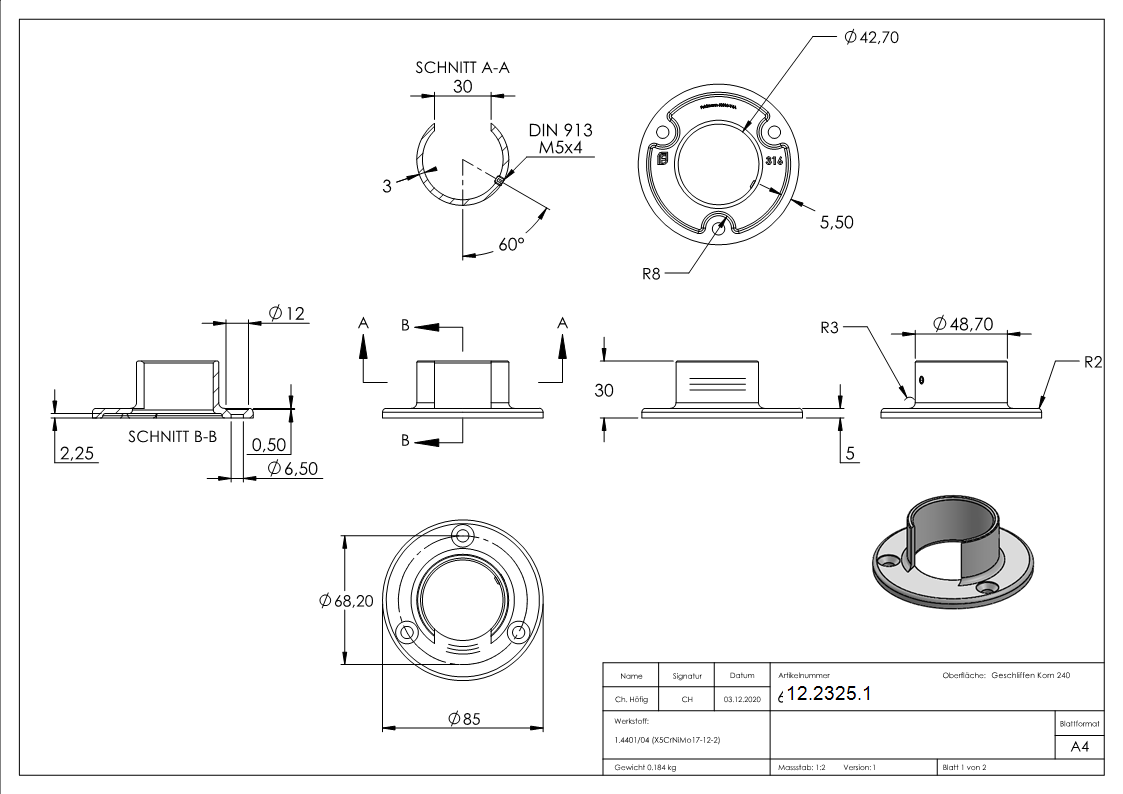 Wandbefestigung fuer Nutrohr Ø 42-4 mm - V4A-12-2325.1