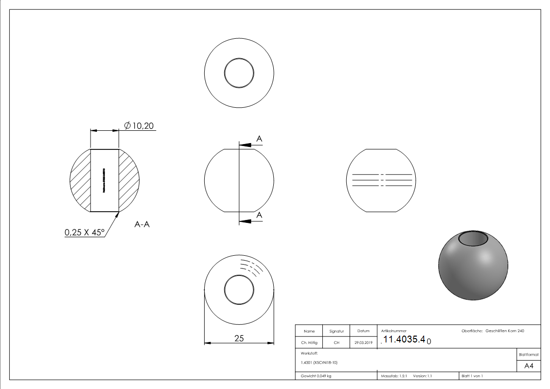 Kugel - Ø 25 mm - mit Durchgangsbohrung- 10-2 mm - V2A-11-4035.4