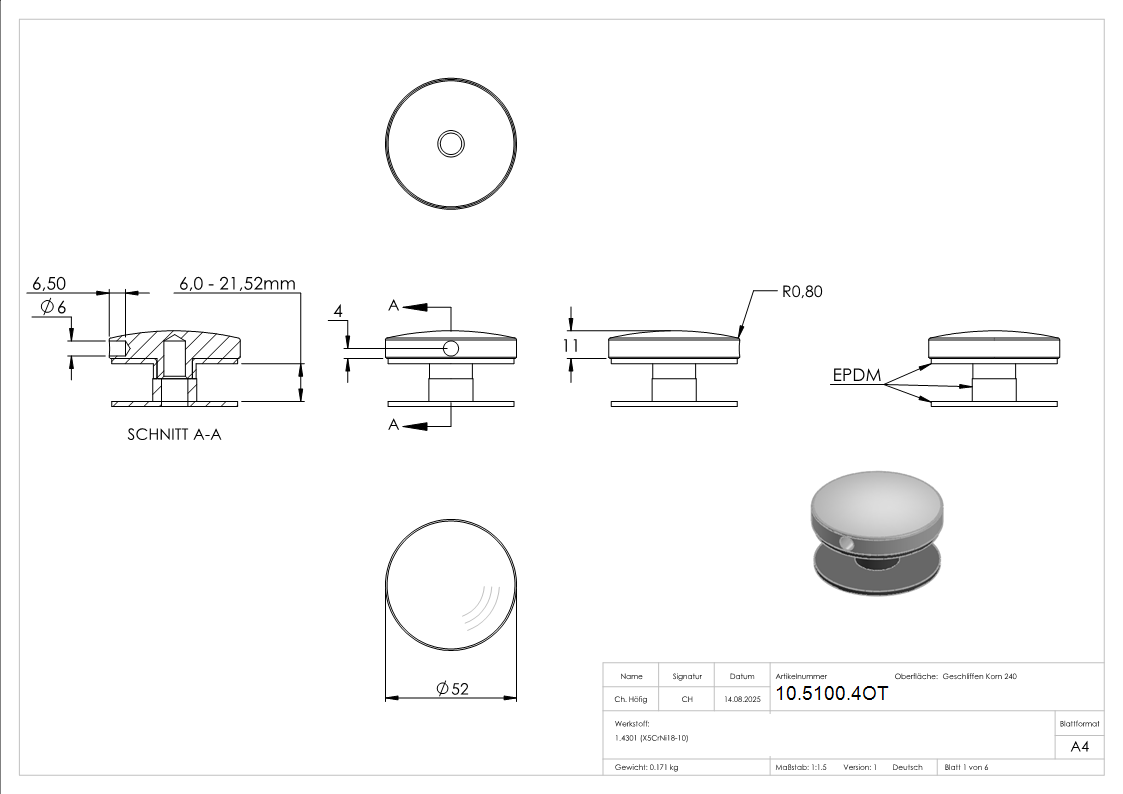 Glaspunkthalter-Oberteil Ø 52 mm- V2A-10-5100.4OT