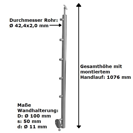 Balusterpfosten V2A 900 mm D42-4 mm Seitenmontage 4x Fuellstabhalter D12 geschliffen-14-0074RR-A.4