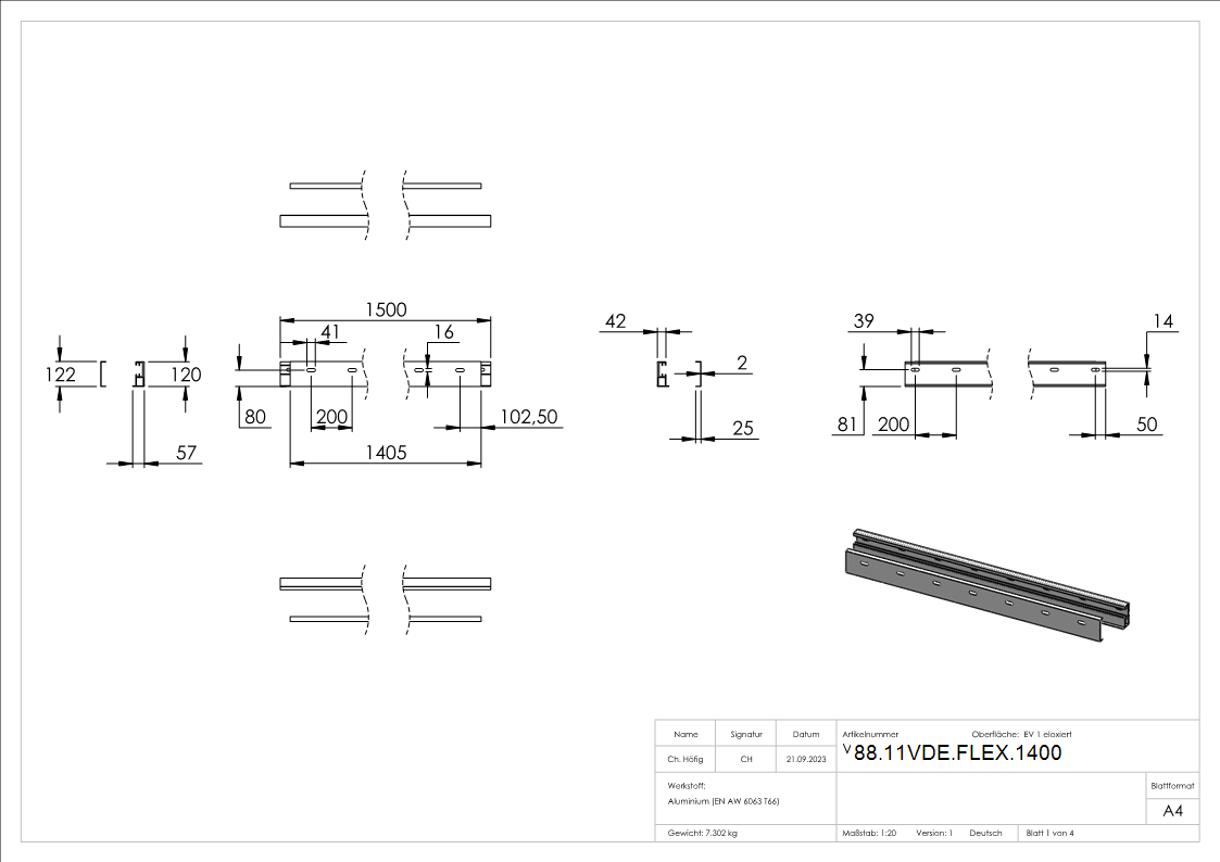 Vordach Profil-Set L = 1500 mm - 1405 mm fuer eleganza canopy System-88-11VDE-FLEX.1400