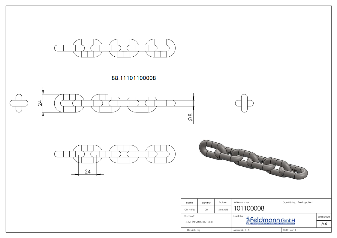 VA-Kette DIN 766- Ø 8mm-88.11101100008