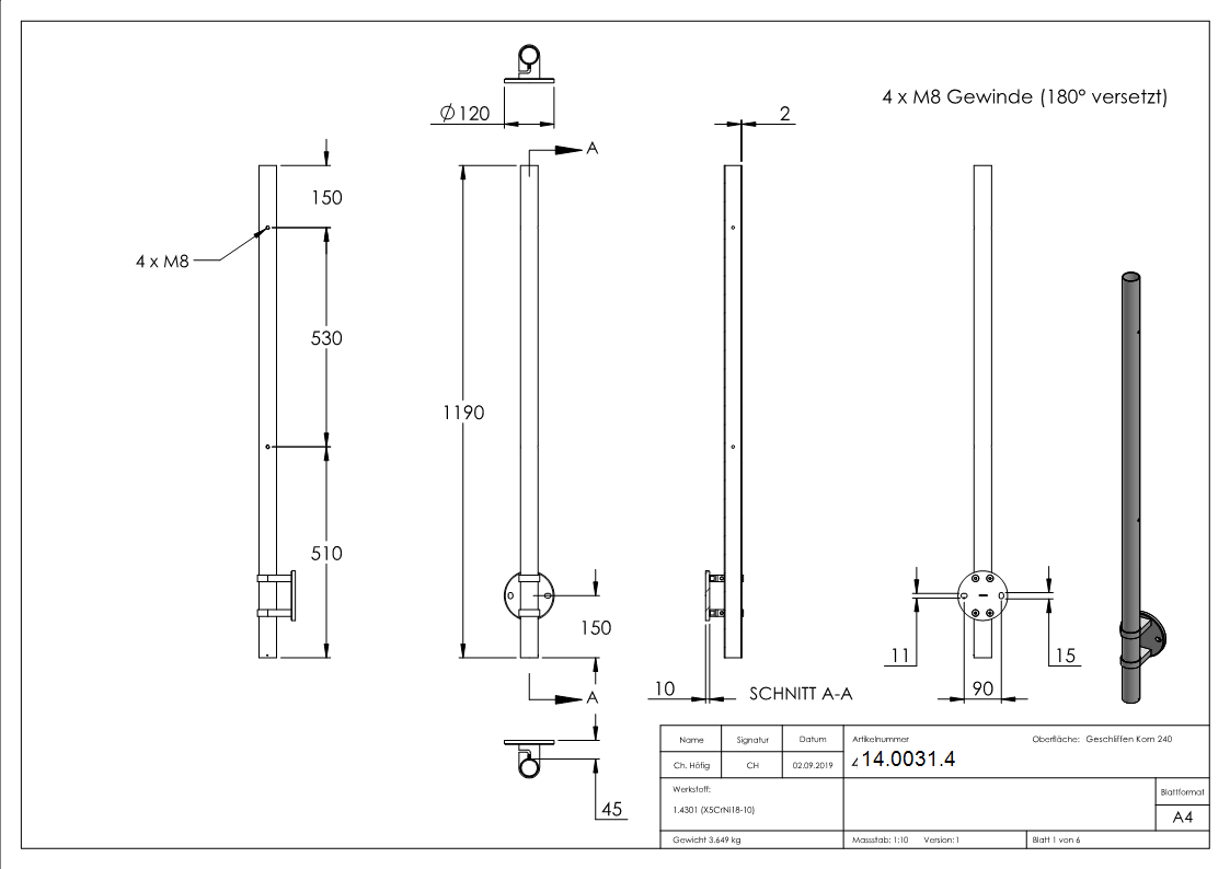 Gelaenderpfosten seitliche Montage fuer 4 Glasklemmen M8 180° versetzt V2A-14-0031.4