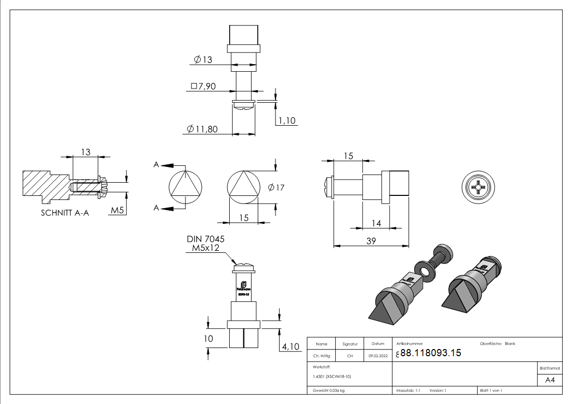 Spezialstift mit Dreikant 15mm - AMF Artikel- 11080-88-118093.15