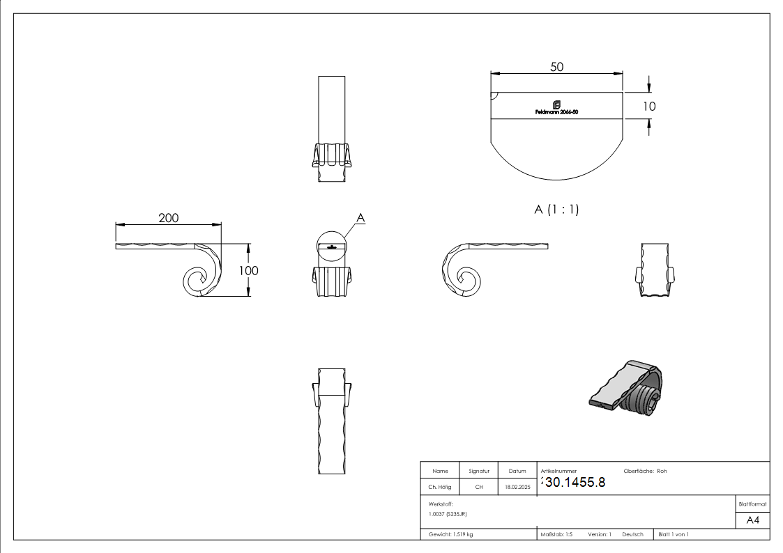 Handlauf-Endstueck 50x10 mm Kanten gehaemmert Stahl S235JR passt zu 30-1385-8-30-1455.8