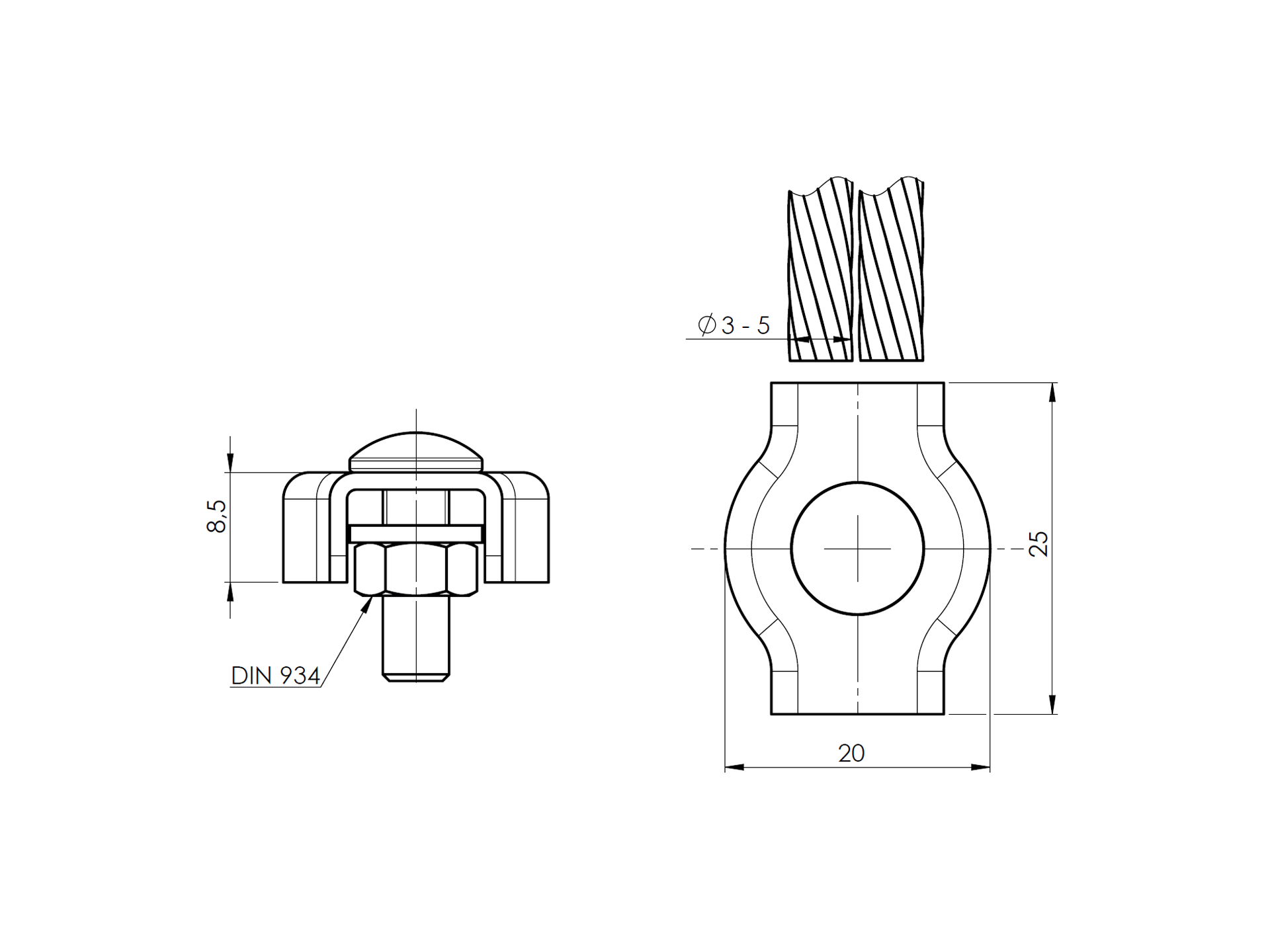 Simplexklemme Edelstahl AISI 316 fuer Seil 3-5 mm geschliffen-89-11A147604005-A.4